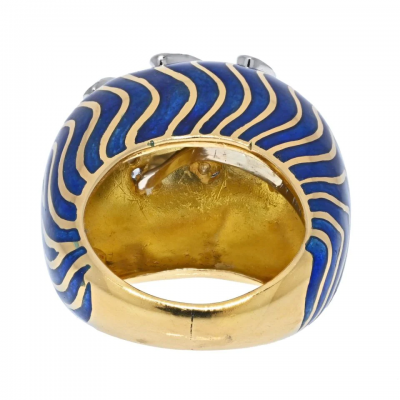 David Webb DAVID WEBB PLATINUM 18K YELLOW GOLD BLUE ENAMEL BOMBE DIAMOND RING