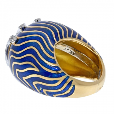 David Webb DAVID WEBB PLATINUM 18K YELLOW GOLD BLUE ENAMEL BOMBE DIAMOND RING