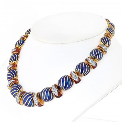 David Webb DAVID WEBB PLATINUM 18K YELLOW GOLD BLUE ENAMEL NECKLACE