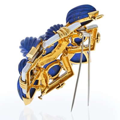 David Webb DAVID WEBB PLATINUM 18K YELLOW GOLD BLUE LAPIS LAZULI AND WHITE ENAMEL BROOCH