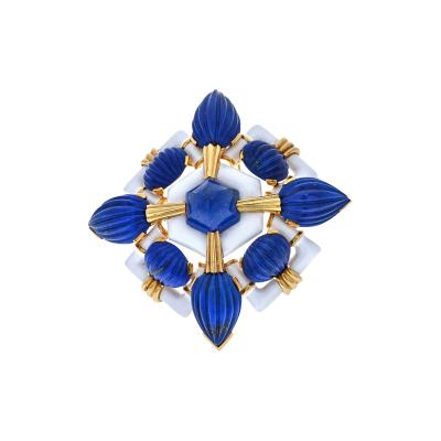 David Webb DAVID WEBB PLATINUM 18K YELLOW GOLD BLUE LAPIS LAZULI AND WHITE ENAMEL BROOCH