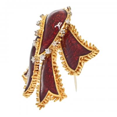 David Webb DAVID WEBB PLATINUM 18K YELLOW GOLD BOW RIBBON RED ENAMEL BROOCH