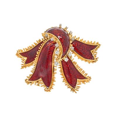 David Webb DAVID WEBB PLATINUM 18K YELLOW GOLD BOW RIBBON RED ENAMEL BROOCH