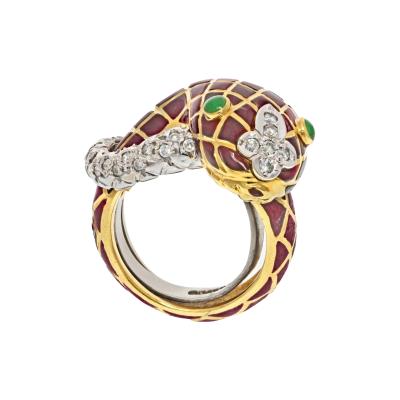 David Webb DAVID WEBB PLATINUM 18K YELLOW GOLD BROWN ENAMEL DIAMOND SNAKE RING