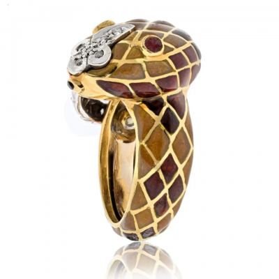 David Webb DAVID WEBB PLATINUM 18K YELLOW GOLD BROWN ENAMEL SNAKE DIAMOND RING