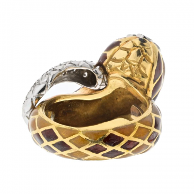 David Webb DAVID WEBB PLATINUM 18K YELLOW GOLD BROWN ENAMEL SNAKE DIAMOND RING