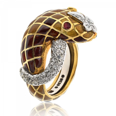 David Webb DAVID WEBB PLATINUM 18K YELLOW GOLD BROWN ENAMEL SNAKE DIAMOND RING