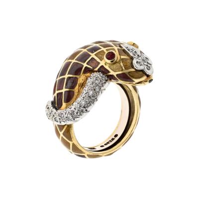 David Webb DAVID WEBB PLATINUM 18K YELLOW GOLD BROWN ENAMEL SNAKE DIAMOND RING