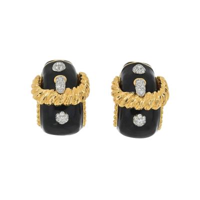 David Webb DAVID WEBB PLATINUM 18K YELLOW GOLD BUCKLE DIAMOND BLACK ENAMEL EARRINGS