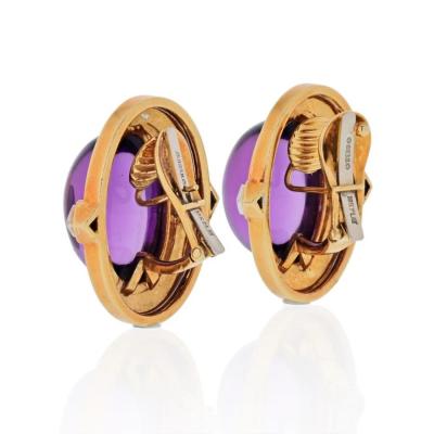David Webb DAVID WEBB PLATINUM 18K YELLOW GOLD CABOCHON AMETHYST AND DIAMONDS EARRINGS