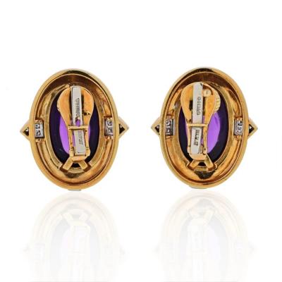 David Webb DAVID WEBB PLATINUM 18K YELLOW GOLD CABOCHON AMETHYST AND DIAMONDS EARRINGS