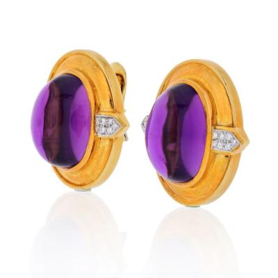 David Webb DAVID WEBB PLATINUM 18K YELLOW GOLD CABOCHON AMETHYST AND DIAMONDS EARRINGS