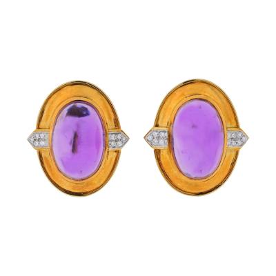 David Webb DAVID WEBB PLATINUM 18K YELLOW GOLD CABOCHON AMETHYST AND DIAMONDS EARRINGS