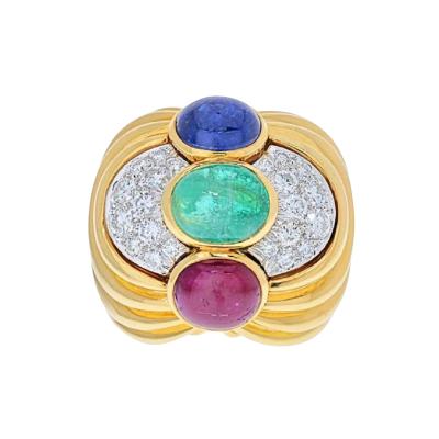 David Webb DAVID WEBB PLATINUM 18K YELLOW GOLD CABOCHON SAPPHIRE EMERALD AND RUBY RING