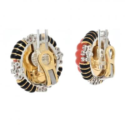 David Webb DAVID WEBB PLATINUM 18K YELLOW GOLD CARVED CORAL BOMBE DIAMOND EARRINGS