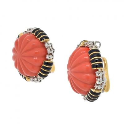 David Webb DAVID WEBB PLATINUM 18K YELLOW GOLD CARVED CORAL BOMBE DIAMOND EARRINGS