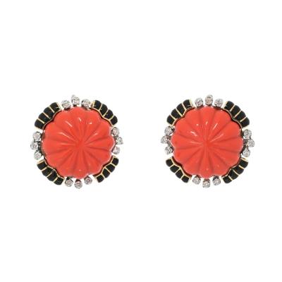 David Webb DAVID WEBB PLATINUM 18K YELLOW GOLD CARVED CORAL BOMBE DIAMOND EARRINGS