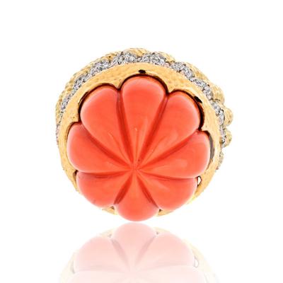 David Webb DAVID WEBB PLATINUM 18K YELLOW GOLD CARVED CORAL DIAMOND RIM RING