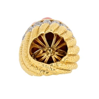 David Webb DAVID WEBB PLATINUM 18K YELLOW GOLD CARVED CORAL DIAMOND RIM RING