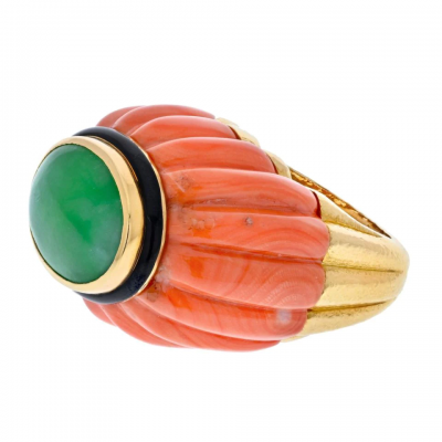 David Webb DAVID WEBB PLATINUM 18K YELLOW GOLD CARVED CORAL JADE AND BLACK ENAMEL RING