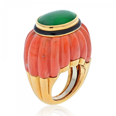 David Webb DAVID WEBB PLATINUM 18K YELLOW GOLD CARVED CORAL JADE AND BLACK ENAMEL RING