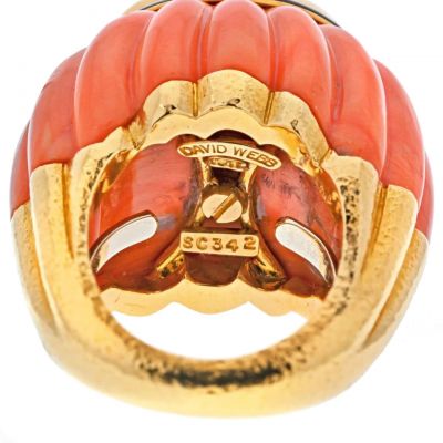 David Webb DAVID WEBB PLATINUM 18K YELLOW GOLD CARVED CORAL JADE AND BLACK ENAMEL RING