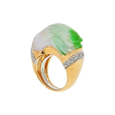 David Webb DAVID WEBB PLATINUM 18K YELLOW GOLD CARVED JADE AND DIAMOND RING