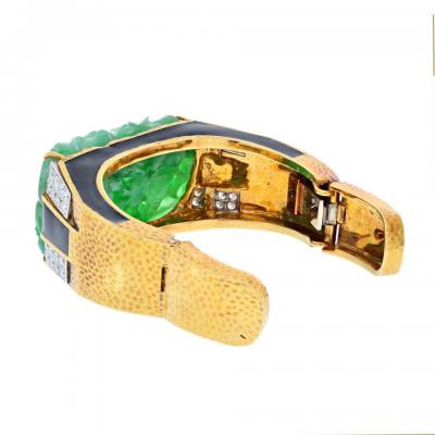 David Webb DAVID WEBB PLATINUM 18K YELLOW GOLD CARVED JADE CUFF BRACELET