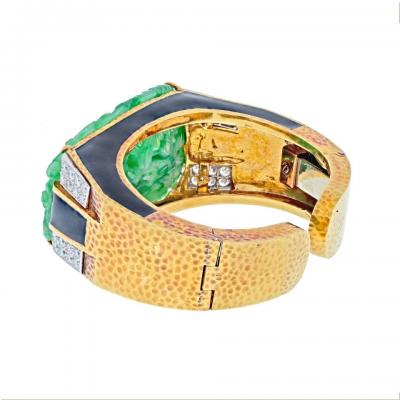 David Webb DAVID WEBB PLATINUM 18K YELLOW GOLD CARVED JADE CUFF BRACELET