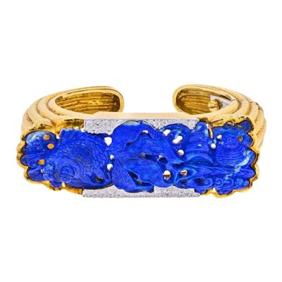 David Webb DAVID WEBB PLATINUM 18K YELLOW GOLD CARVED LAPIS CUFF DIAMOND BRACELET