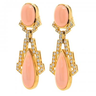 David Webb DAVID WEBB PLATINUM 18K YELLOW GOLD CORAL AND 4 00CTTW DIAMOND DROP EARRINGS