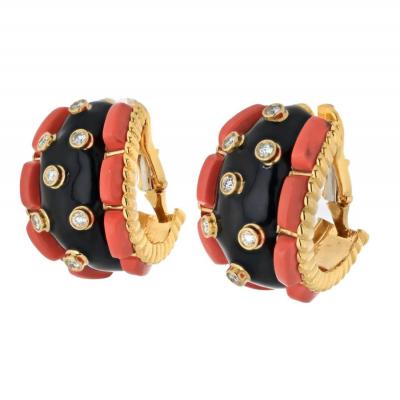 David Webb DAVID WEBB PLATINUM 18K YELLOW GOLD CORAL DIAMOND AND BLACK ENAMEL EARRINGS