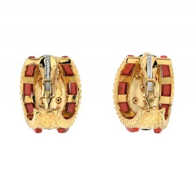David Webb DAVID WEBB PLATINUM 18K YELLOW GOLD CORAL DIAMOND AND BLACK ENAMEL EARRINGS