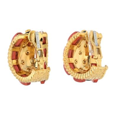 David Webb DAVID WEBB PLATINUM 18K YELLOW GOLD CORAL DIAMOND AND BLACK ENAMEL EARRINGS