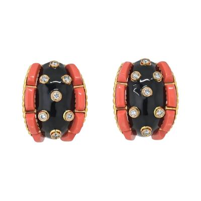 David Webb DAVID WEBB PLATINUM 18K YELLOW GOLD CORAL DIAMOND AND BLACK ENAMEL EARRINGS