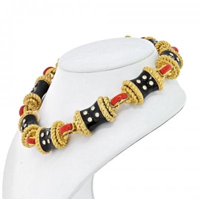 David Webb DAVID WEBB PLATINUM 18K YELLOW GOLD CORAL DIAMONDS BLACK ENAMEL NECKLACE