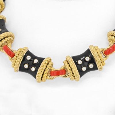 David Webb DAVID WEBB PLATINUM 18K YELLOW GOLD CORAL DIAMONDS BLACK ENAMEL NECKLACE