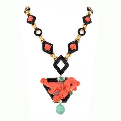 David Webb DAVID WEBB PLATINUM 18K YELLOW GOLD CORAL DRAGON CARVED GREEN EMERALD NECKLACE