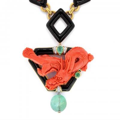 David Webb DAVID WEBB PLATINUM 18K YELLOW GOLD CORAL DRAGON CARVED GREEN EMERALD NECKLACE