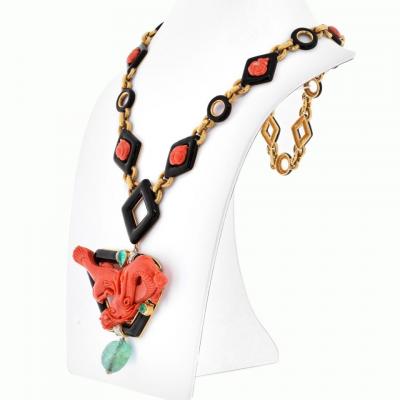 David Webb DAVID WEBB PLATINUM 18K YELLOW GOLD CORAL DRAGON CARVED GREEN EMERALD NECKLACE
