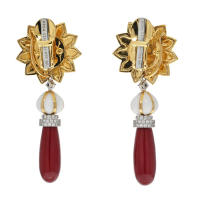 David Webb DAVID WEBB PLATINUM 18K YELLOW GOLD CORAL DROP DAY TO NIGHT DANGLING EARRINGS