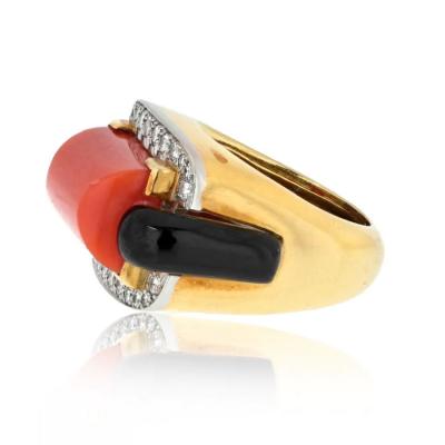 David Webb DAVID WEBB PLATINUM 18K YELLOW GOLD CORAL ONYX AND DIAMOND RING