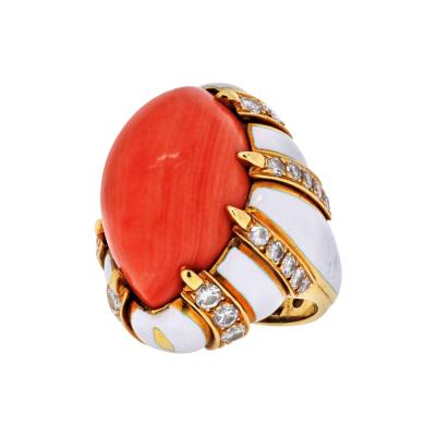 David Webb DAVID WEBB PLATINUM 18K YELLOW GOLD CORAL WHITE ENAMEL BOMBE DIAMOND RING