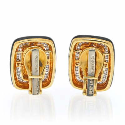 David Webb DAVID WEBB PLATINUM 18K YELLOW GOLD DIAMOND AND BLACK ENAMEL CLIP ON EARRINGS