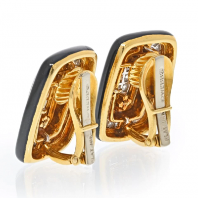 David Webb DAVID WEBB PLATINUM 18K YELLOW GOLD DIAMOND AND BLACK ENAMEL CLIP ON EARRINGS