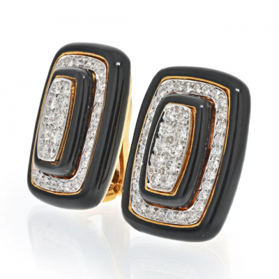 David Webb DAVID WEBB PLATINUM 18K YELLOW GOLD DIAMOND AND BLACK ENAMEL CLIP ON EARRINGS