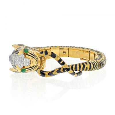 David Webb DAVID WEBB PLATINUM 18K YELLOW GOLD DIAMOND AND BLACK ENAMEL TIGER BRACELET