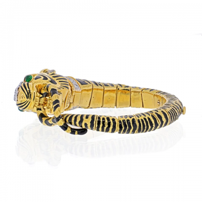 David Webb DAVID WEBB PLATINUM 18K YELLOW GOLD DIAMOND AND BLACK ENAMEL TIGER BRACELET