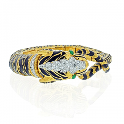 David Webb DAVID WEBB PLATINUM 18K YELLOW GOLD DIAMOND AND BLACK ENAMEL TIGER BRACELET
