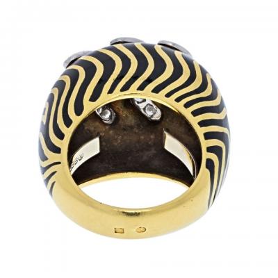 David Webb DAVID WEBB PLATINUM 18K YELLOW GOLD DIAMOND AND BLACK ENAMEL ZEBRA STRIPE RING